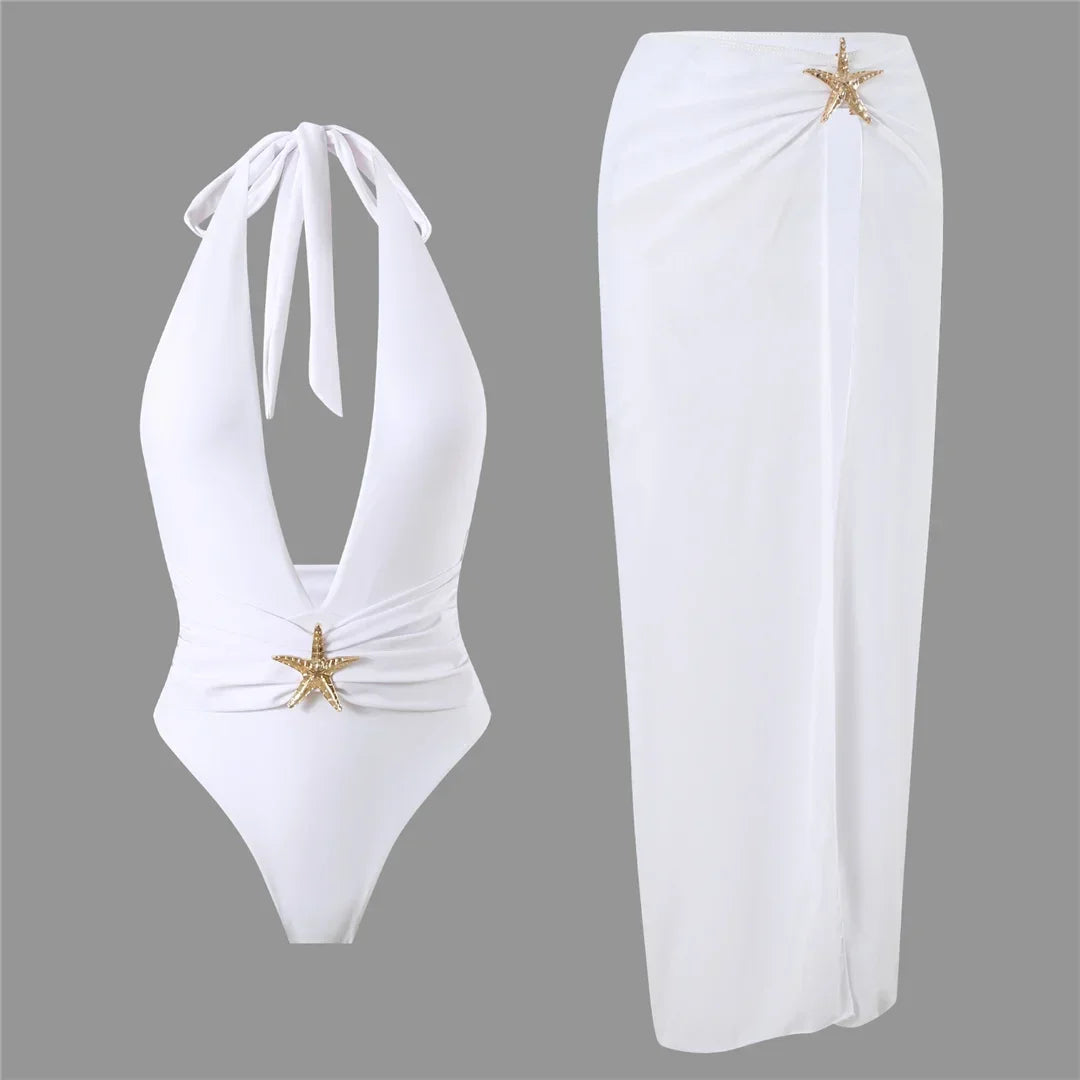 Deep V-Neck One-Piece Swimsuit with Skirt - Piña Colada