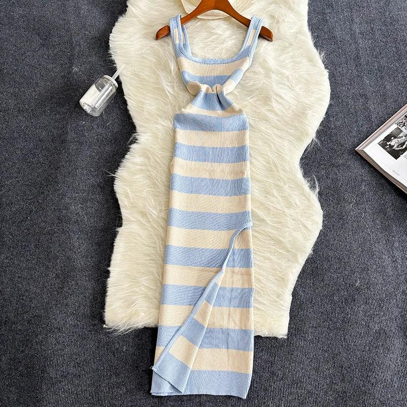 Stripe Summer Elastic Split Bodycon Dress - Piña Colada