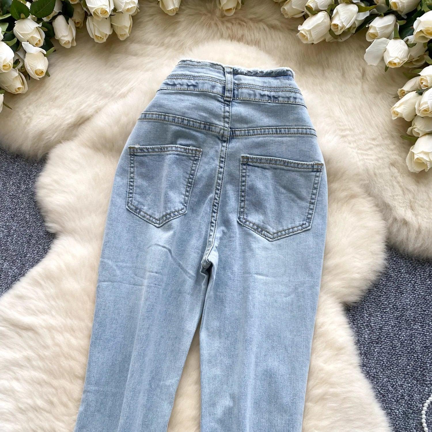 High-Waisted Flared Denim Pants with Faux Zippers – Streetwear Style - Piña Colada