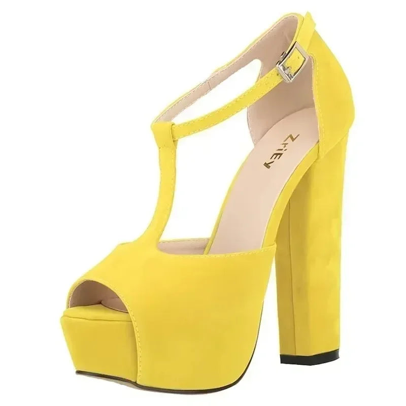 Women Ankle Strap Sandals Platform Open Toe High Heels Summer 14cm - Piña Colada