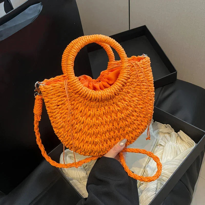 Boho Rattan Half-Moon Crossbody Bag – Handwoven Summer Straw Shoulder Purse - Piña Colada