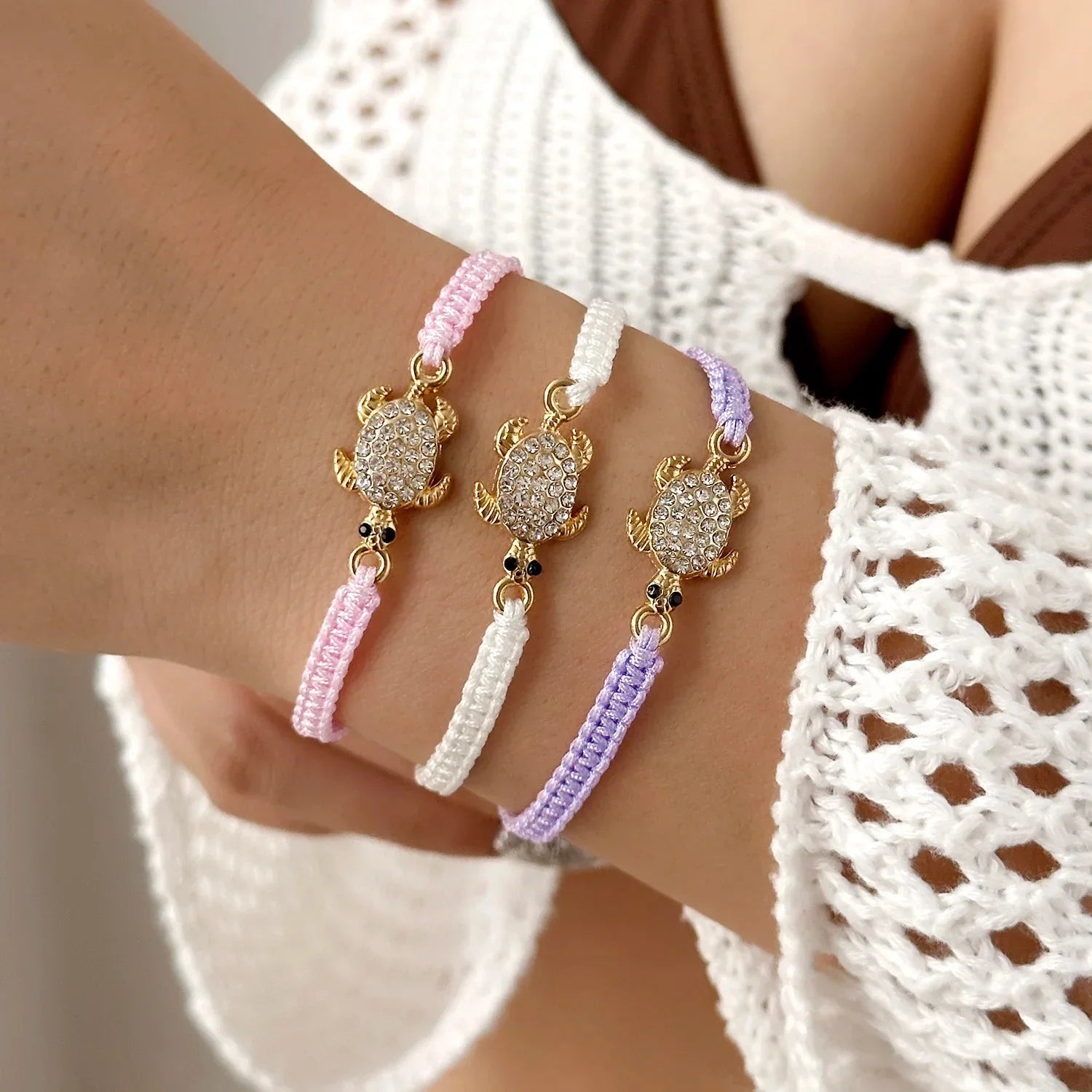 Bohemian Rhinestone Sea Turtle Woven Bracelet - Piña Colada