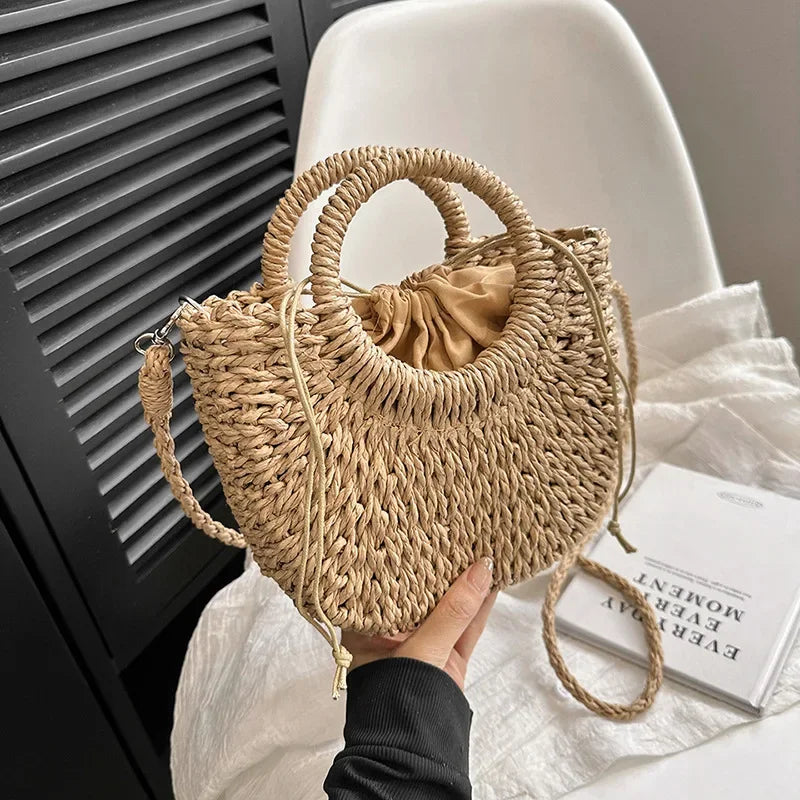 Straw Rattan Half-Moon Beach Handbag - Piña Colada
