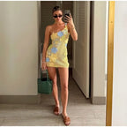 Hollow Out Floral Lace-Up Mini Dress - Piña Colada