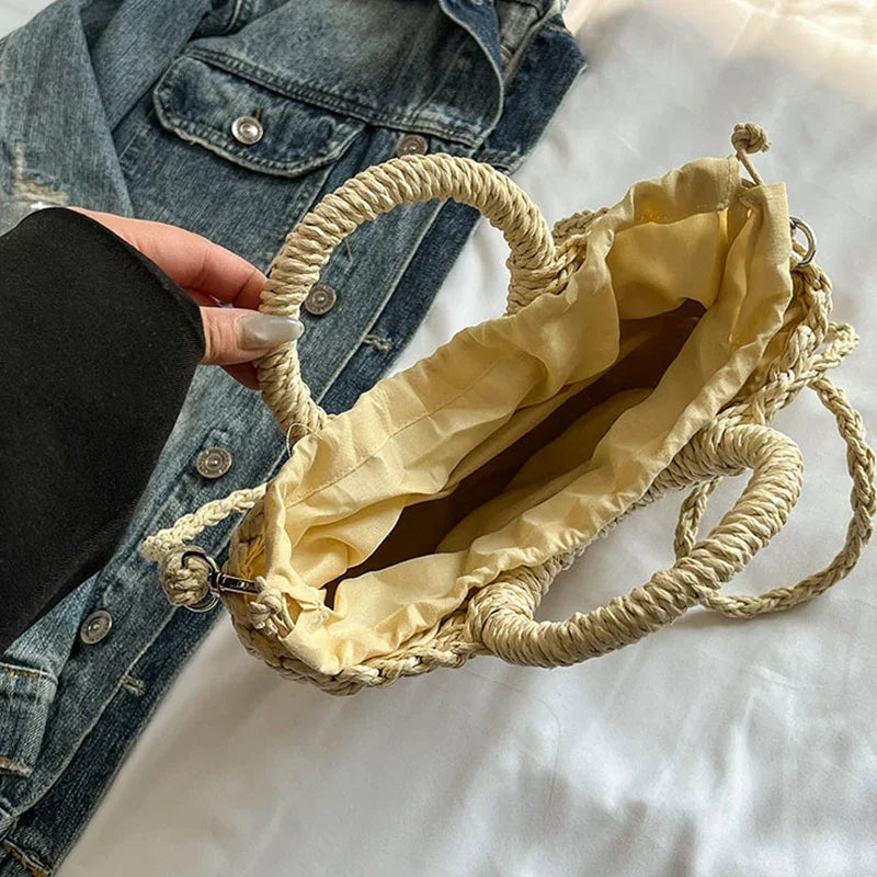 Boho Rattan Half-Moon Crossbody Bag – Handwoven Summer Straw Shoulder Purse - Piña Colada