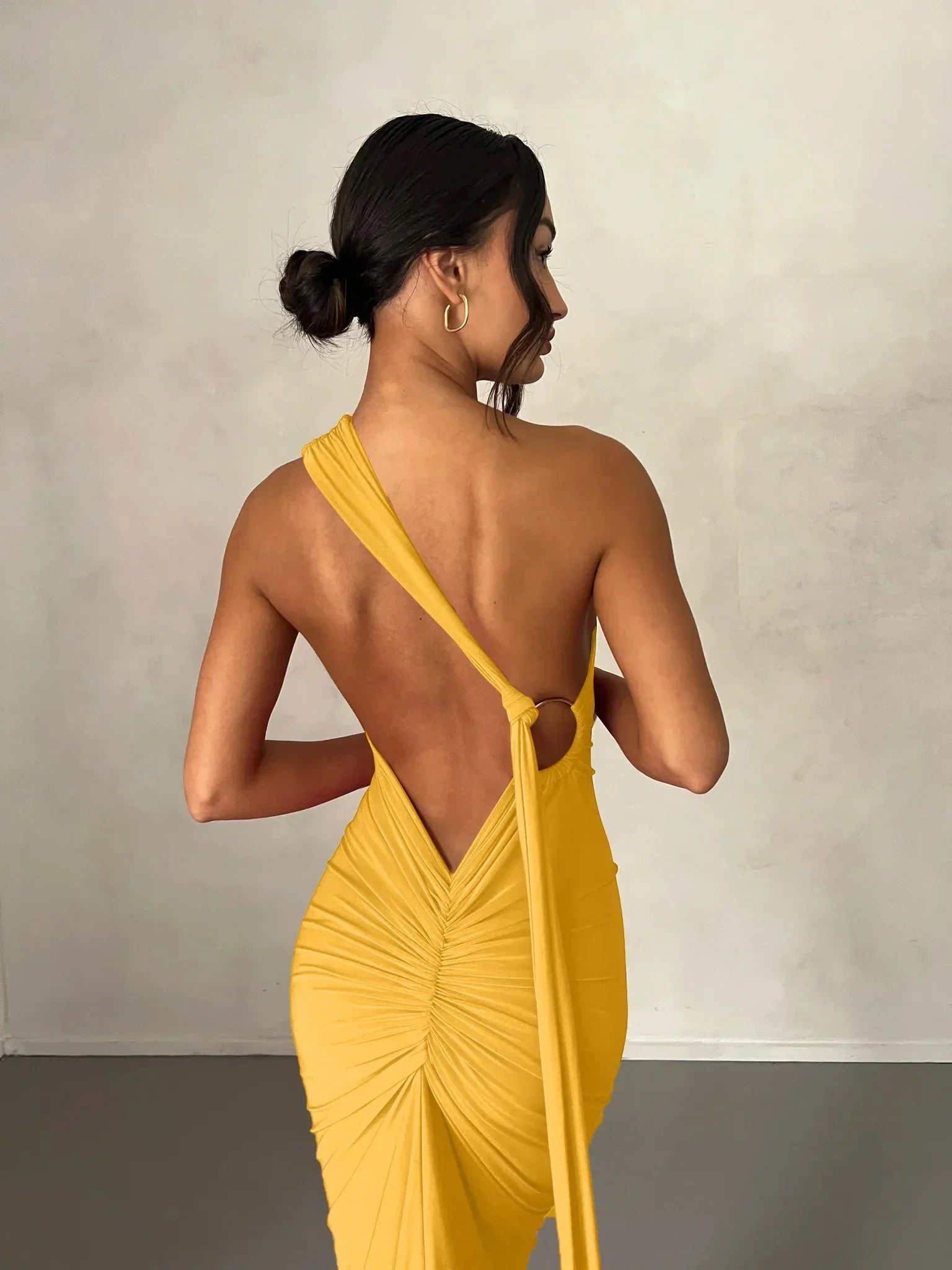 One Shoulder Backless Adjustable Scarf Maxi Dress - Piña Colada