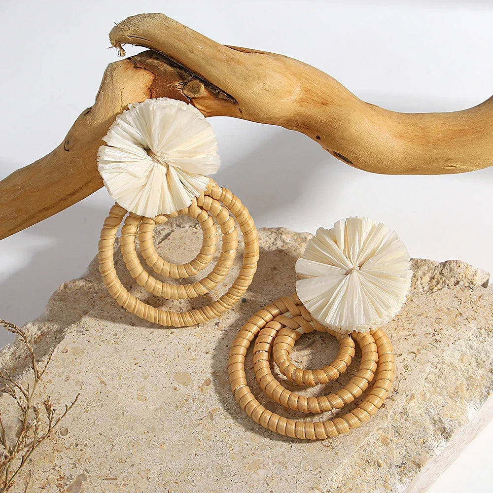 Handmade Two Tone Rattan Knit Wrapped Round Drop Earrings for Women - Piña Colada