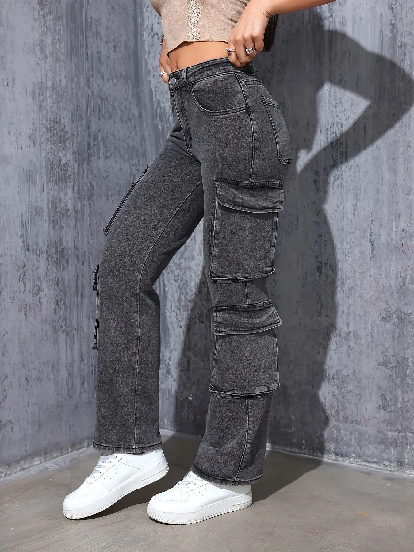 Retro High-Stretch Cargo Jeans - Piña Colada