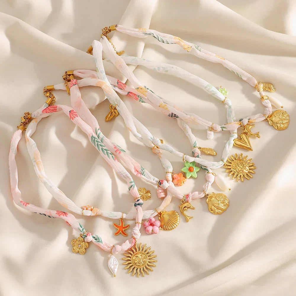 Ribbon Flower Starfish Necklace - Piña Colada