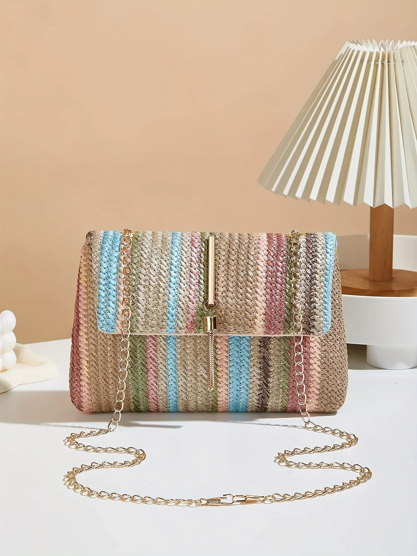 Chic Rainbow Stripe Straw Crossbody - Piña Colada