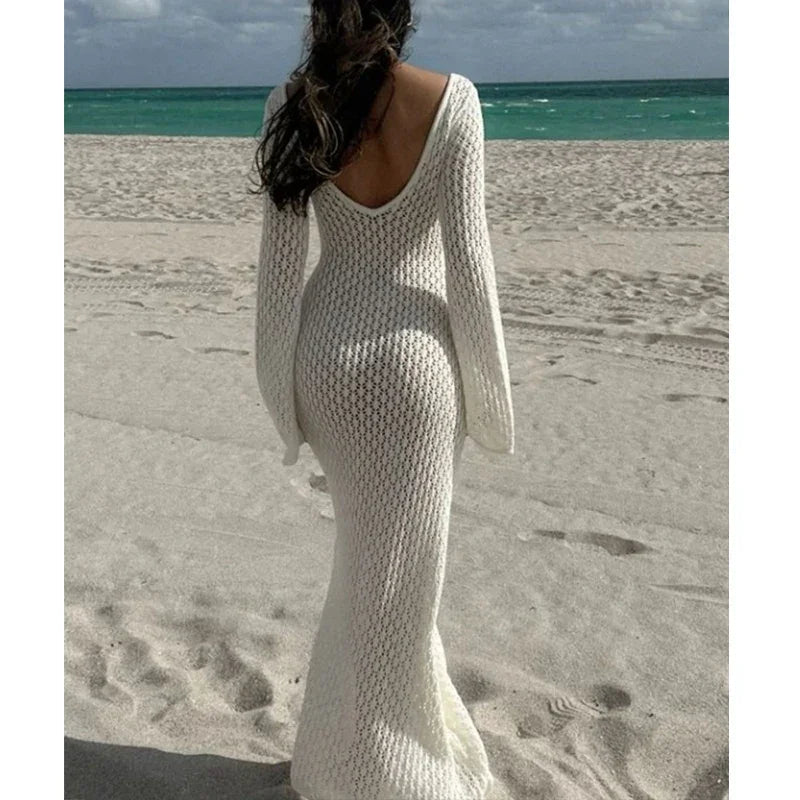 Knitting Hollow Out V-Neck Long Sleeve Dress - Piña Colada