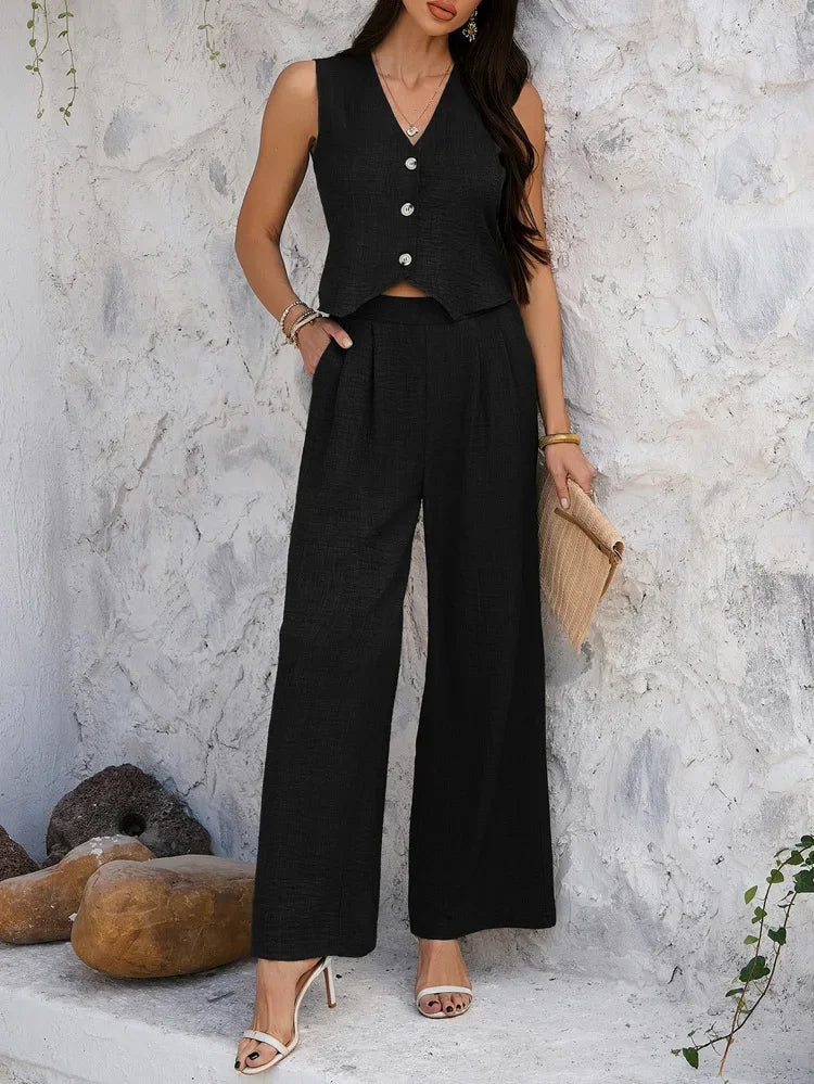 Summer V-Neck Button Crop Top & Wide-Leg Pants Set - Piña Colada