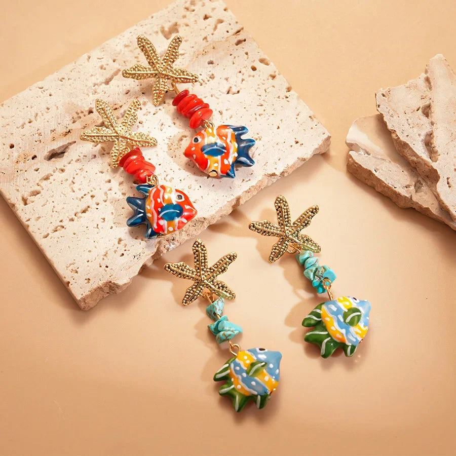Colorful Fish Drop Earrings - Piña Colada