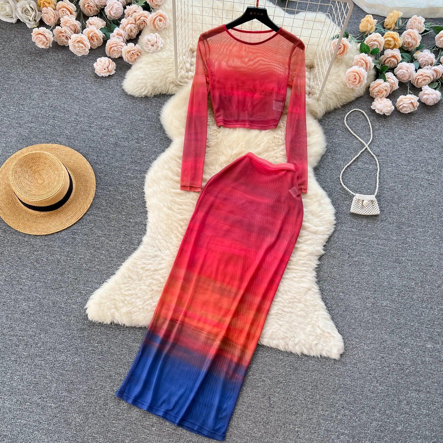 Two Piece Suits O Neck Midi Blouse+High Waist Colorful Bodycon - Piña Colada