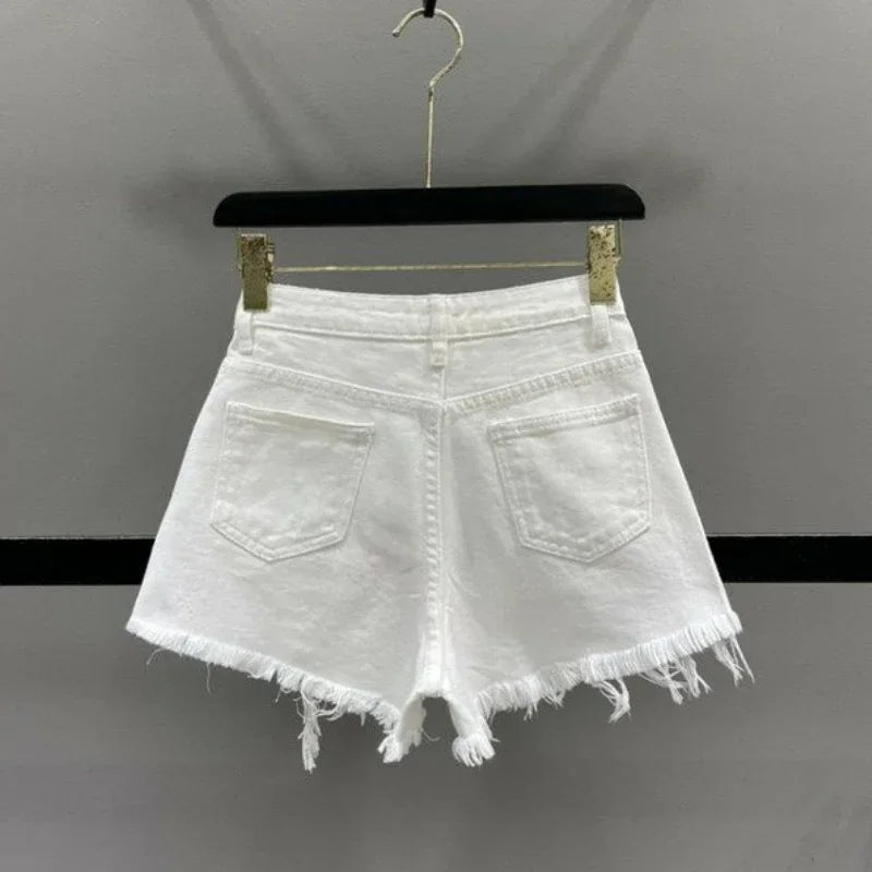 High Waist Polka Dot Denim Shorts - Piña Colada