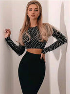 Beaded Knit Two-Piece Set – Elegant Mini Skirt &amp; Long Sleeve Top - Piña Colada