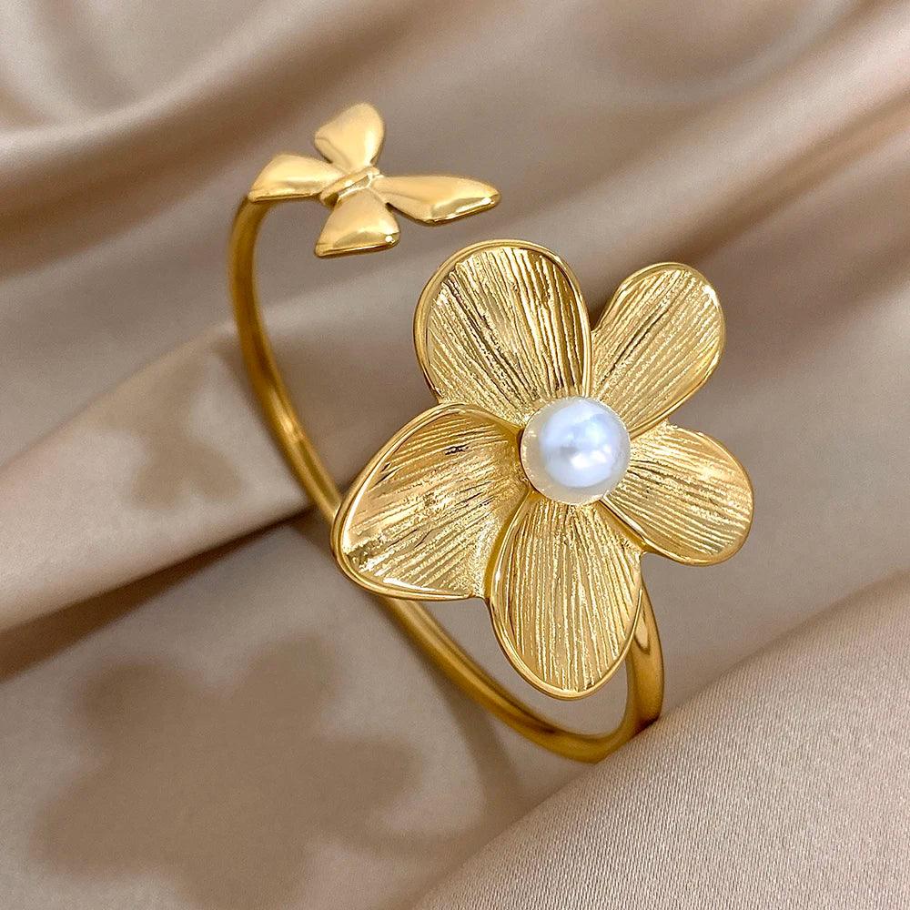 Stainless Steel Double Flower Cuff Bracelet - Piña Colada