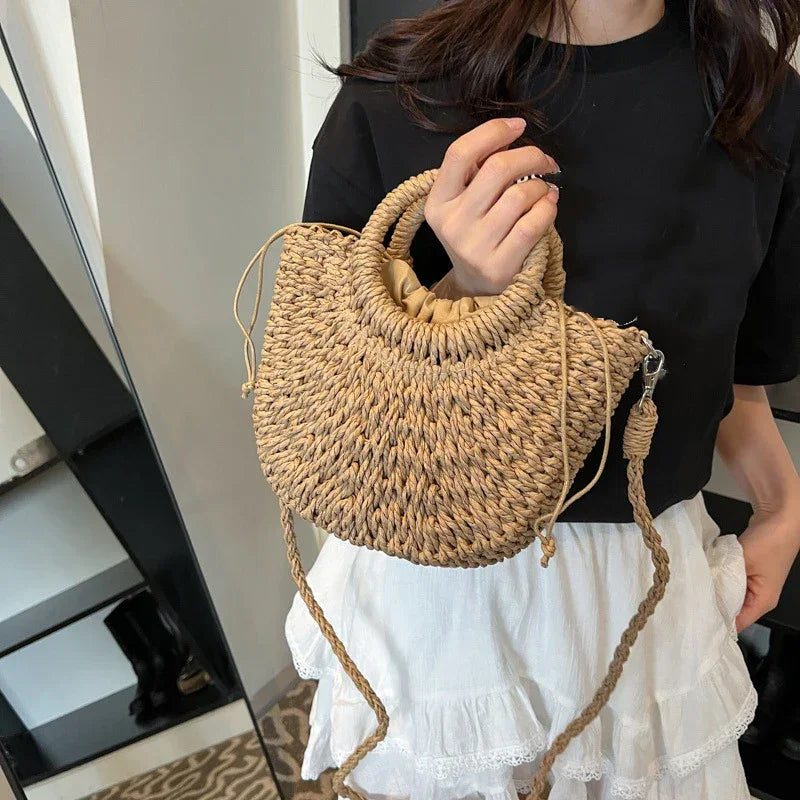 Boho Rattan Half-Moon Crossbody Bag – Handwoven Summer Straw Shoulder Purse - Piña Colada