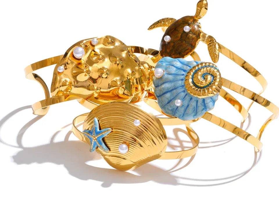 Conch Turtle Shell Wide Cuff Bracelet - Piña Colada