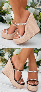 Crystal Wedge Slide Sandals – Elegant PU Platform Mules - Piña Colada