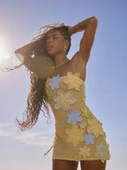 Hollow Out Floral Lace-Up Mini Dress - Piña Colada
