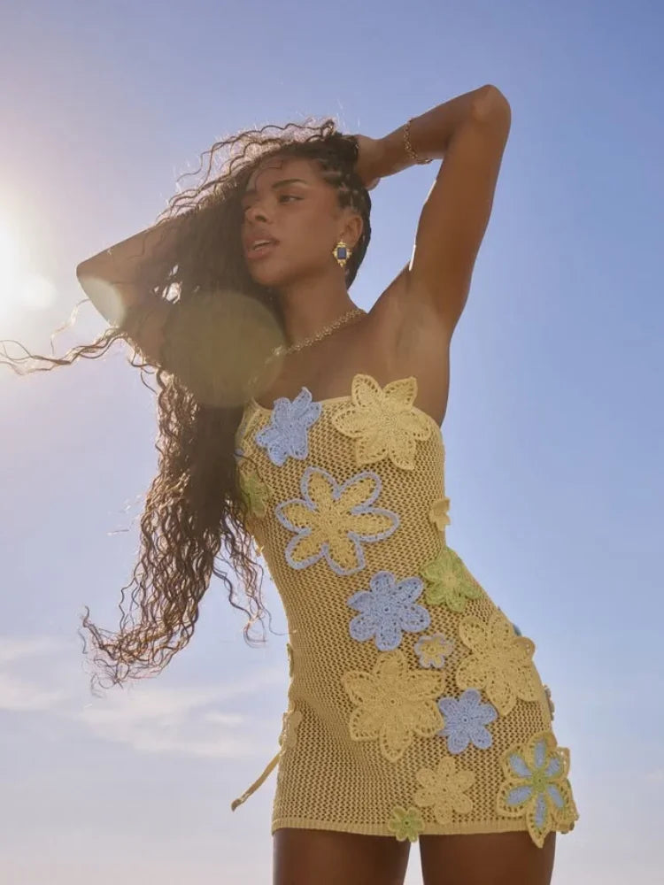 Hollow Out Floral Lace-Up Mini Dress - Piña Colada