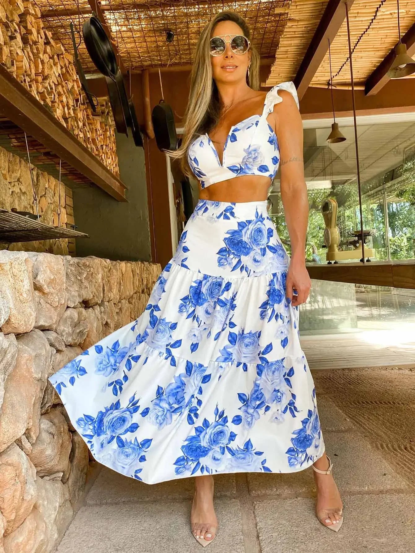 Draped Print V-Neck Maxi Dress – Beachwear Edition - Piña Colada