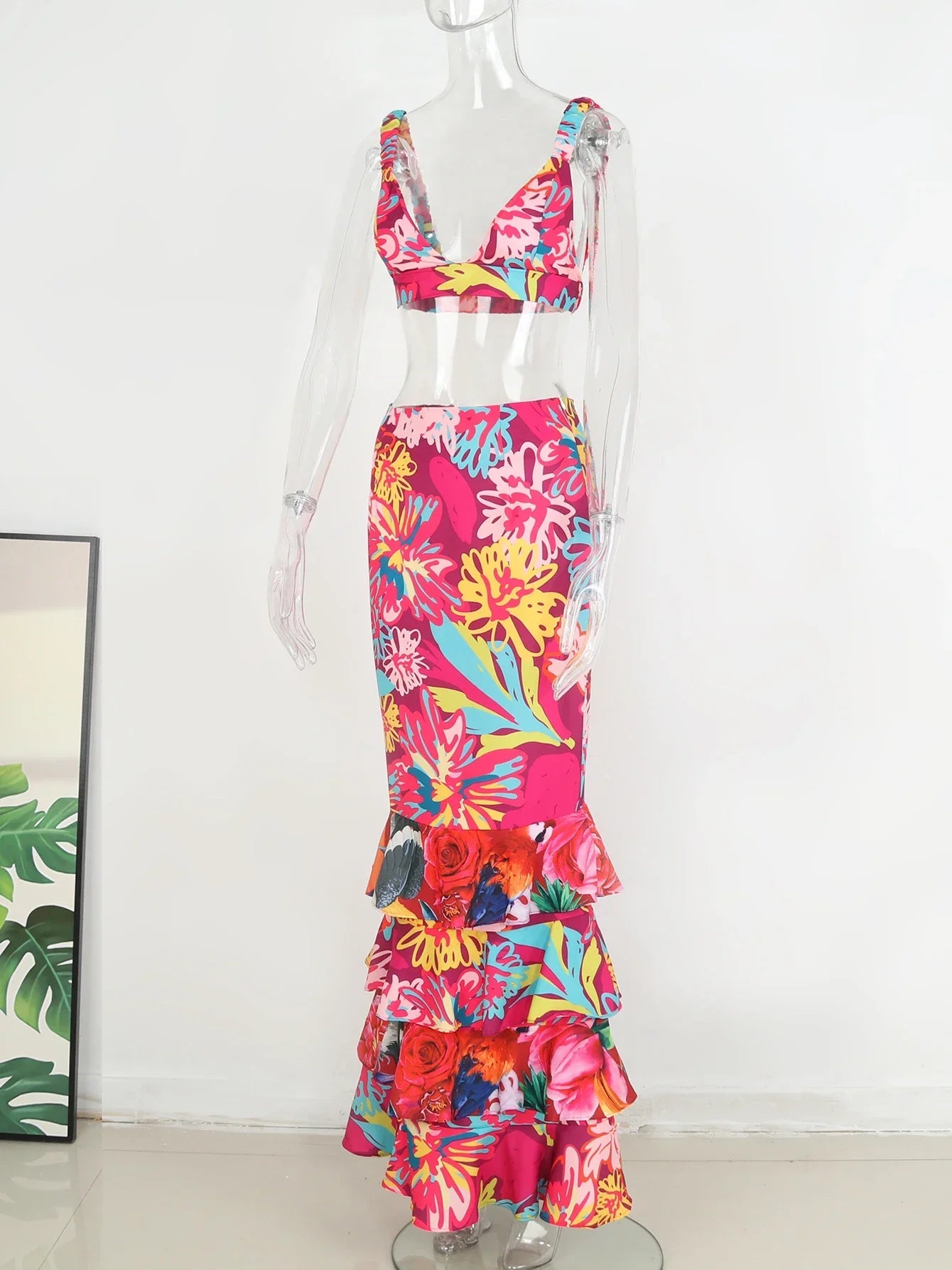 Draped Print V-Neck Maxi Dress – Beachwear Edition - Piña Colada
