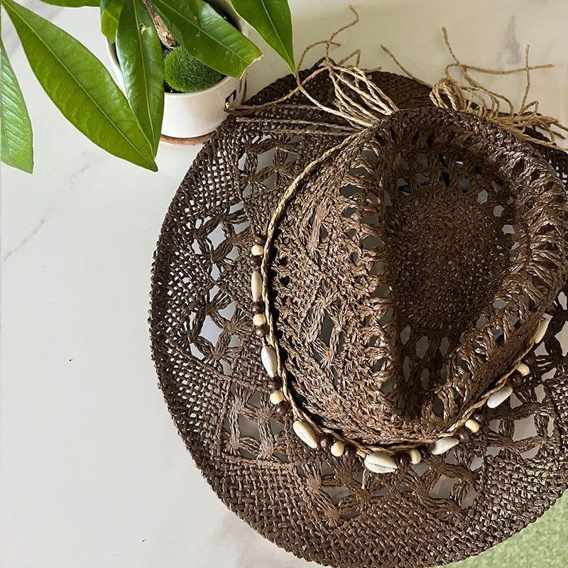 Summer Bohemian Shell Straw Hat - Piña Colada