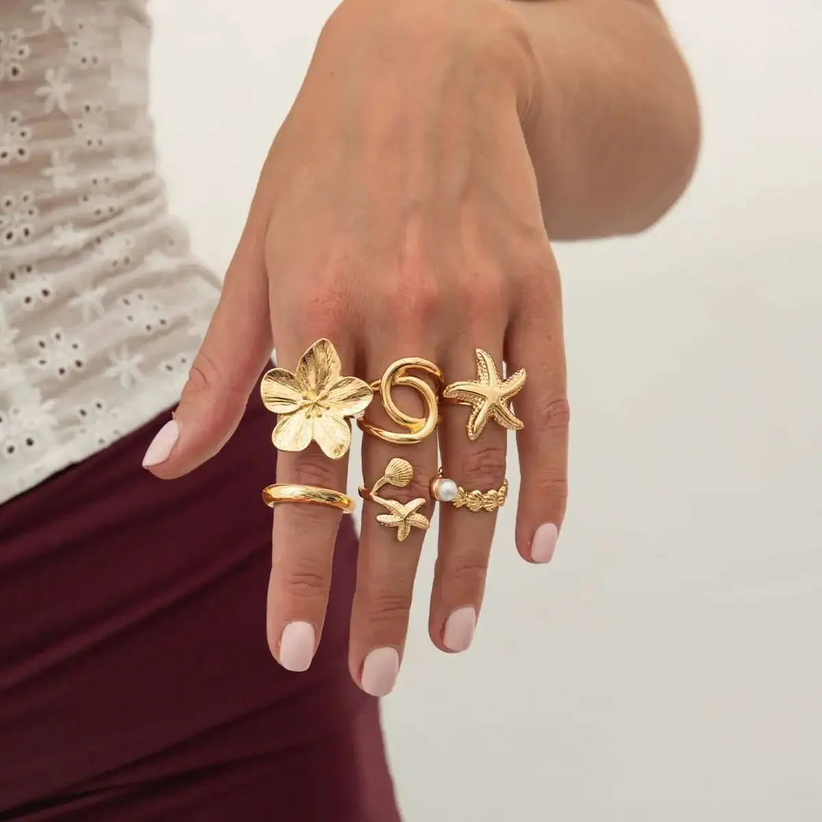 6Pcs/set Pearl Open Irregular Pleated Rings - Piña Colada