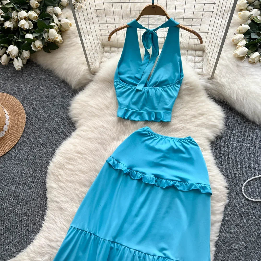 Ruffled Halter Top & Long Skirt Set - Piña Colada