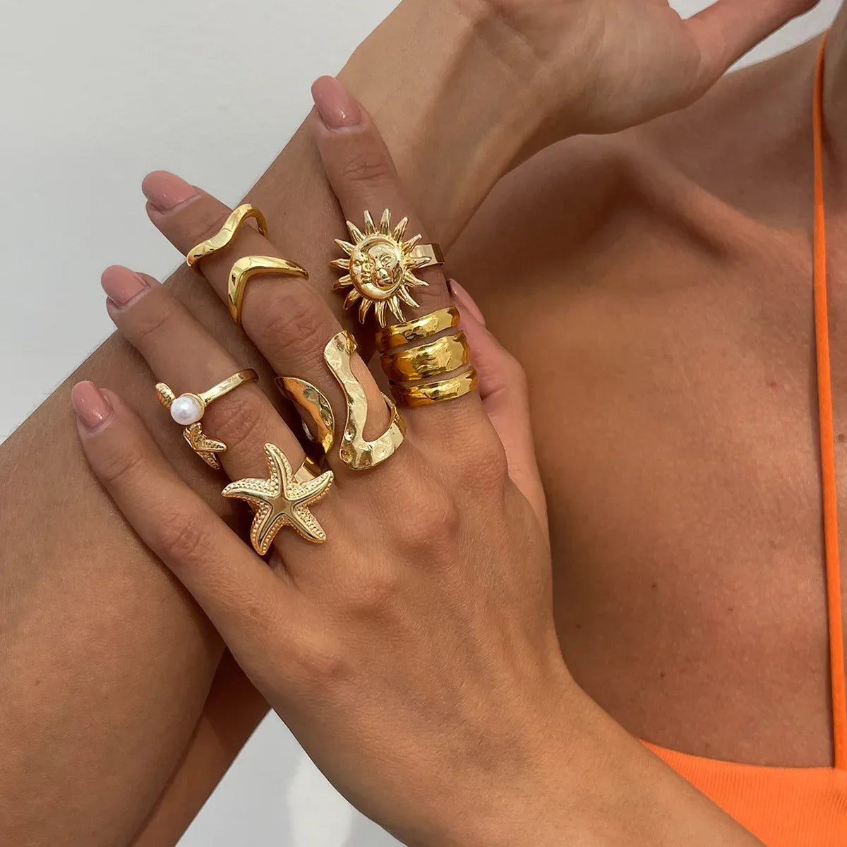 6Pcs/Set Vintage Sun Starfish Open Rings - Piña Colada