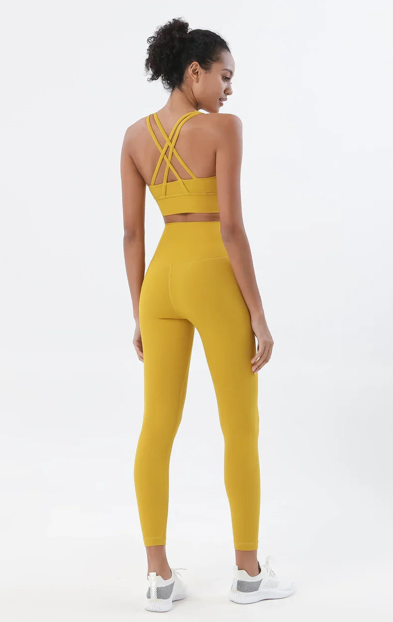 High-Waist Sports Leggings with Phone Pocket Set - Piña Colada