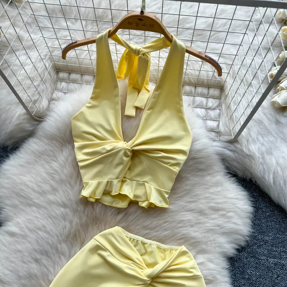 Ruffled Halter Top & Long Skirt Set - Piña Colada