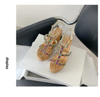 Crystal Buckle Strap Platform Wedge Sandals – Elegant Chunky Heels - Piña Colada
