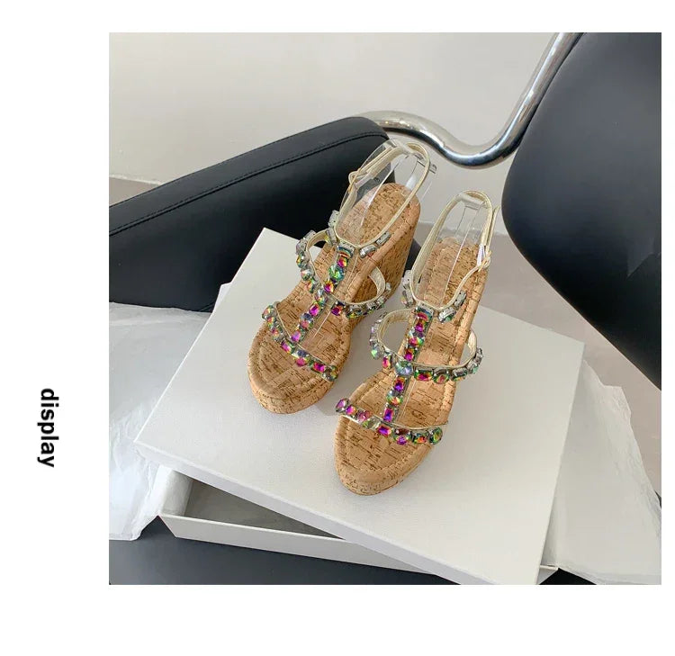 Crystal Buckle Strap Platform Wedge Sandals – Elegant Chunky Heels - Piña Colada