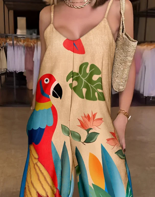 Jumpsuit Women Tropical Print V-Neck - Piña Colada