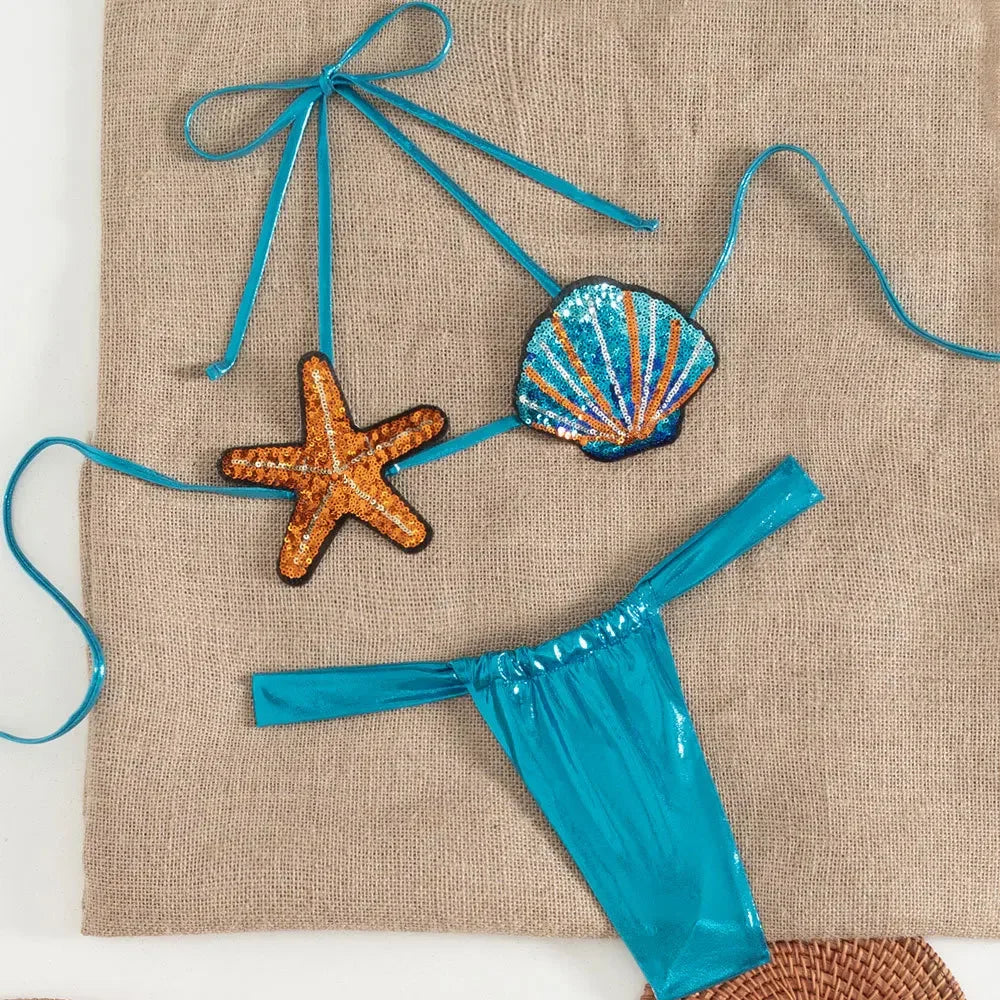 Shiny Sequin Shell Starfish Bikini Set - Piña Colada