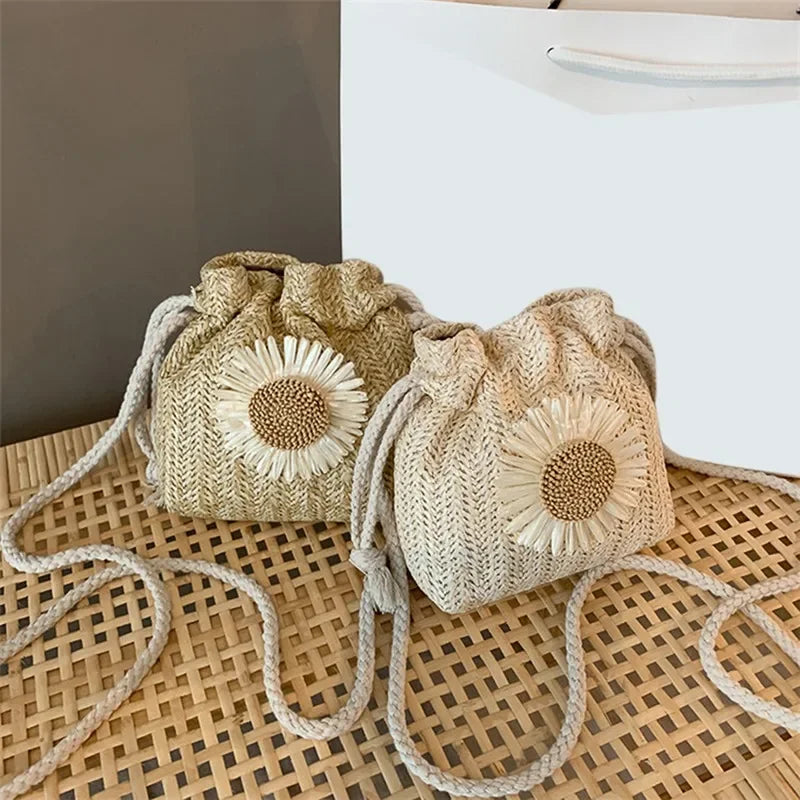Straw Bag Handbag Knit Flower - Piña Colada