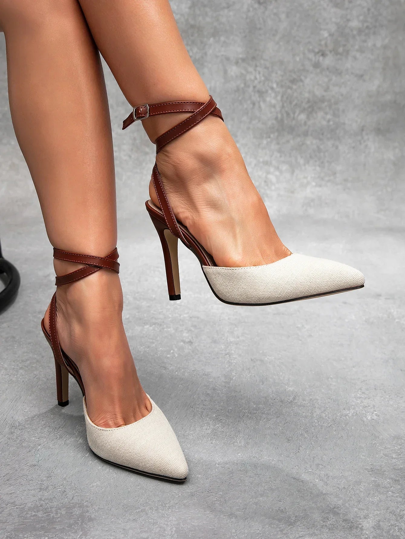 High Heel Canvas Slingback Pumps – Buckle Strap & Pointed Toe - Piña Colada