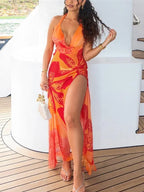 Print Slim Halter Cleavage Backless Long Dress - Piña Colada