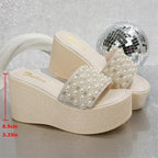 Boho Beaded Platform Wedge Slippers - Piña Colada