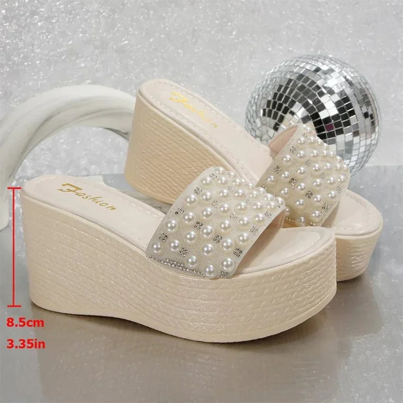 Boho Beaded Platform Wedge Slippers - Piña Colada