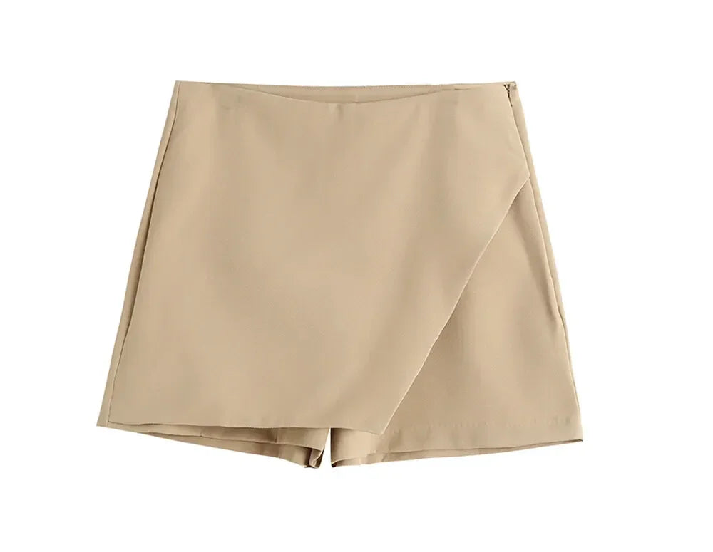 Asymmetrical High Waist Zipper Shorts - Piña Colada