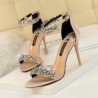 Crystal Flower Thin High Heels Sandals - Piña Colada