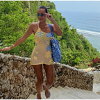 Hollow Out Floral Lace-Up Mini Dress - Piña Colada