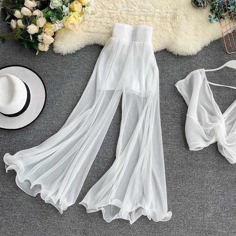 Light Chiffon Flowy Flare Pants – High Waist Summer Casual - Piña Colada