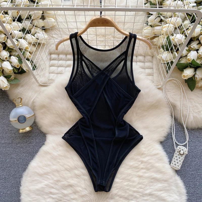 Mesh Hollow Out Long Sleeve Bodysuit - Piña Colada