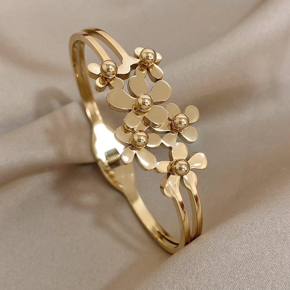 Stainless Steel Double Flower Cuff Bracelet - Piña Colada