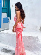 Print Slim Halter Cleavage Backless Long Dress - Piña Colada